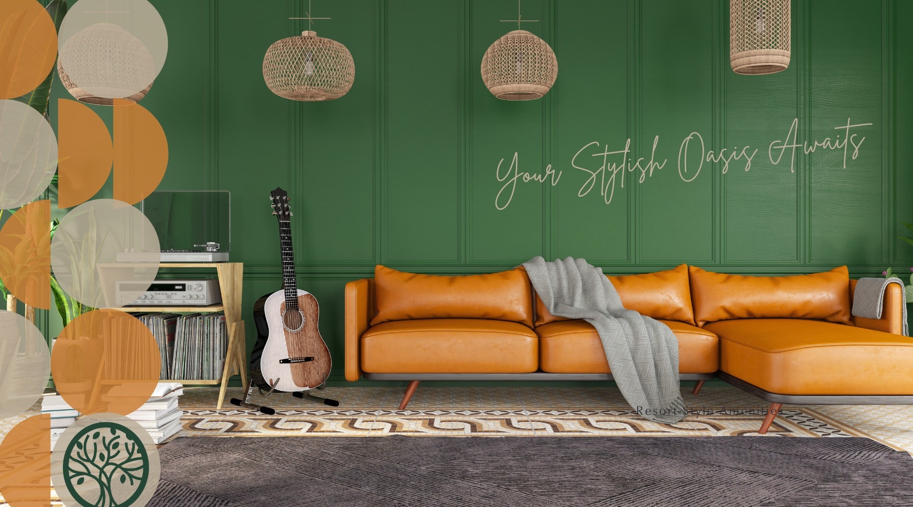 Spacious living room with wood floors and a large glass door 