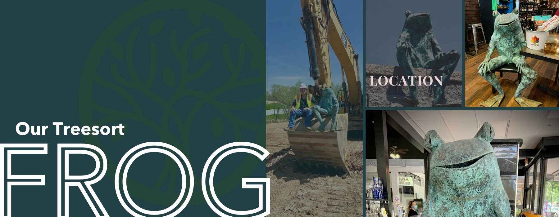 collage of colorful construction photos and the property's green frog statue